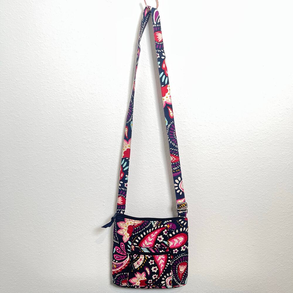 Vera Bradley Quilted “Painted Paisley” Crossbody Bag Adjustable Strap Navy Pink